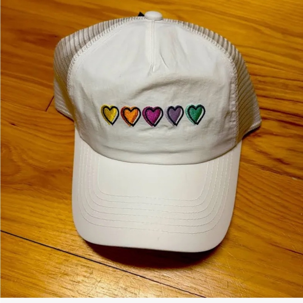 Roller Rabbit White Mesh Trucker Hat with Rainbow Heart Embroidery